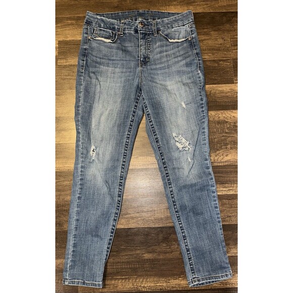 Seven7 Women's Jeans Size 12 33x29 Mid Rise Blue Denim Straight Distressed Cuts - Picture 1 of 6